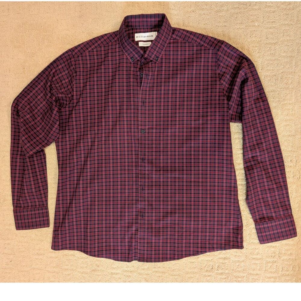 Mizzen + Main Dress Shirt Mens XLarge Red Blue Plaid Standard Fit Long Sleeve